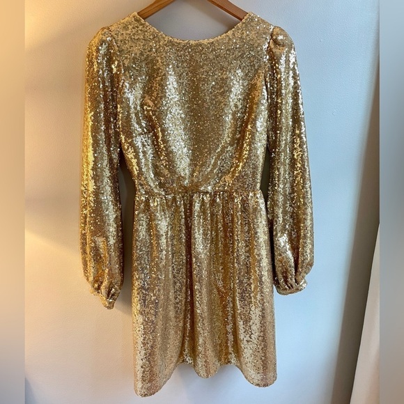 NWT Saloni Camille Gold Sequin Long Sleeve Open Back Tulle Mini Dress, UK 6 US 2 - Picture 3 of 10